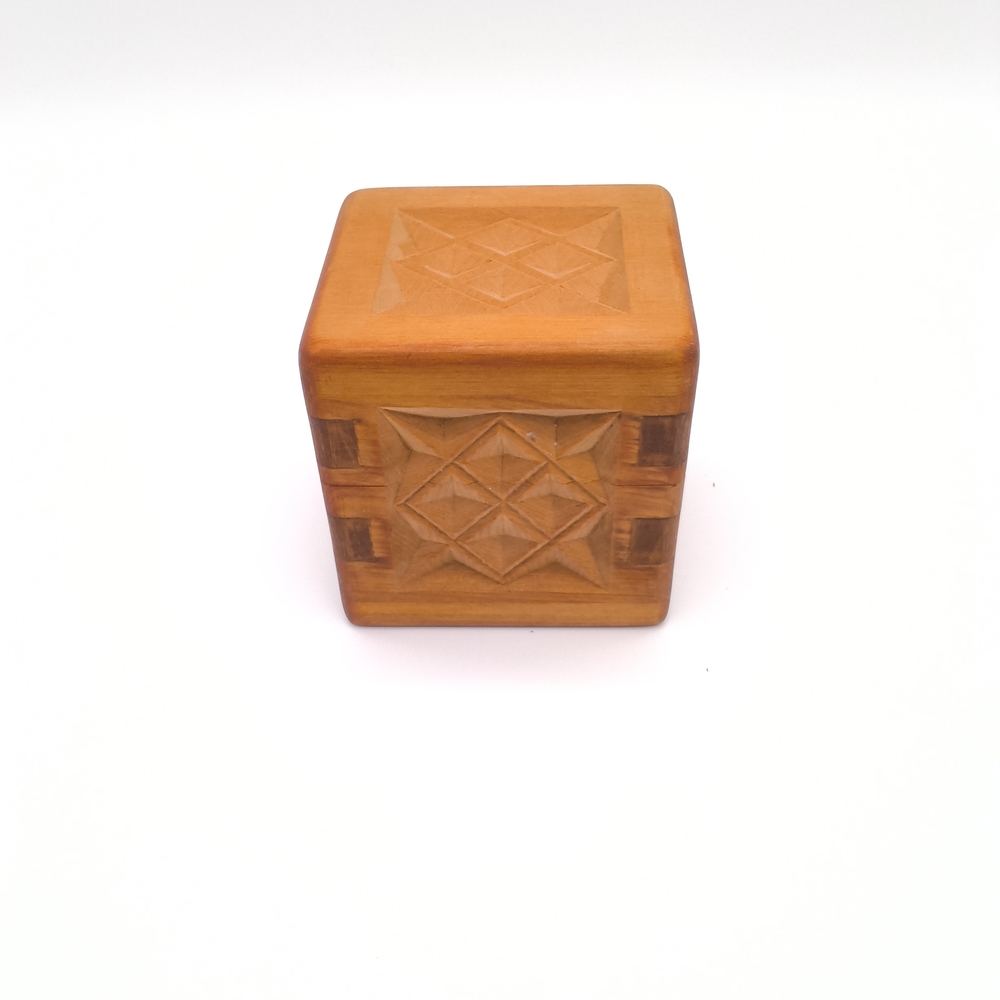 Vintage Hand Carved Wooden Trinket Box - Geometric Relief